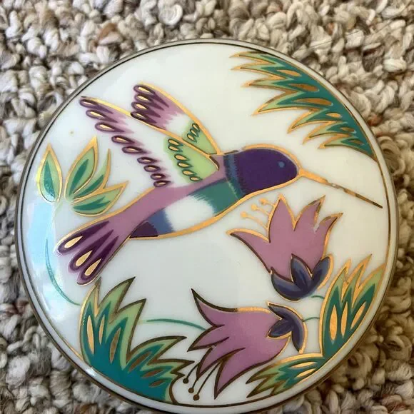 San Diego Zoo Hummingbird Floral Trinket Box Round White Colorful Purple Green - Picture 2 of 6